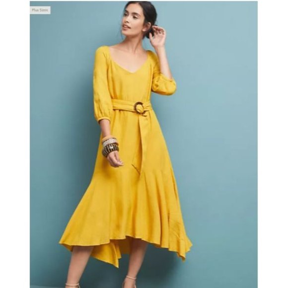 Maeve Dresses & Skirts - 📚Maeve • NWT Anthropologie Artemis Midi Dress Mustard Yellow Belted- Size 10